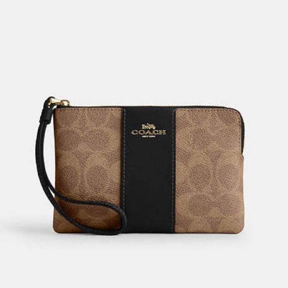 New COACH Corner Zip Wristlet In Signature Canvas With Stripe - Picture 2 of 7